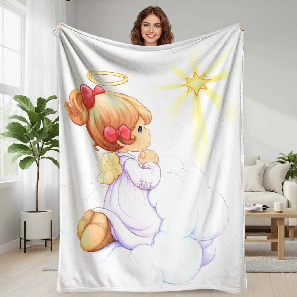 Praying Angel Flannel Blanket Golden Star Cloud Heaven Print Soft Cozy Lightweight Warm Throw for Sofa Bed Bedroom Meditation Christmas Gift Travel Lounge Decor
