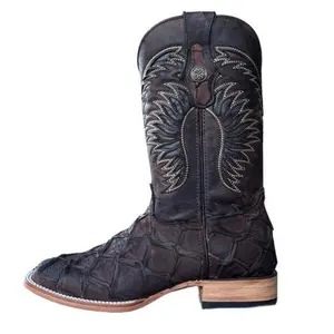 Men's Pirarucu Chocolate Brown Rustic Cowboy Boots with Embroidered Design and Comfortable Sole