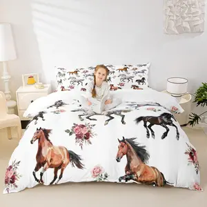 Horses Duvet Cover Set,Floral Plant Bedding Set for Kids Teens Boys Girls Room Decor,Wildlife Animal Theme Comforter Cover Romantic Spring Quilt Cover