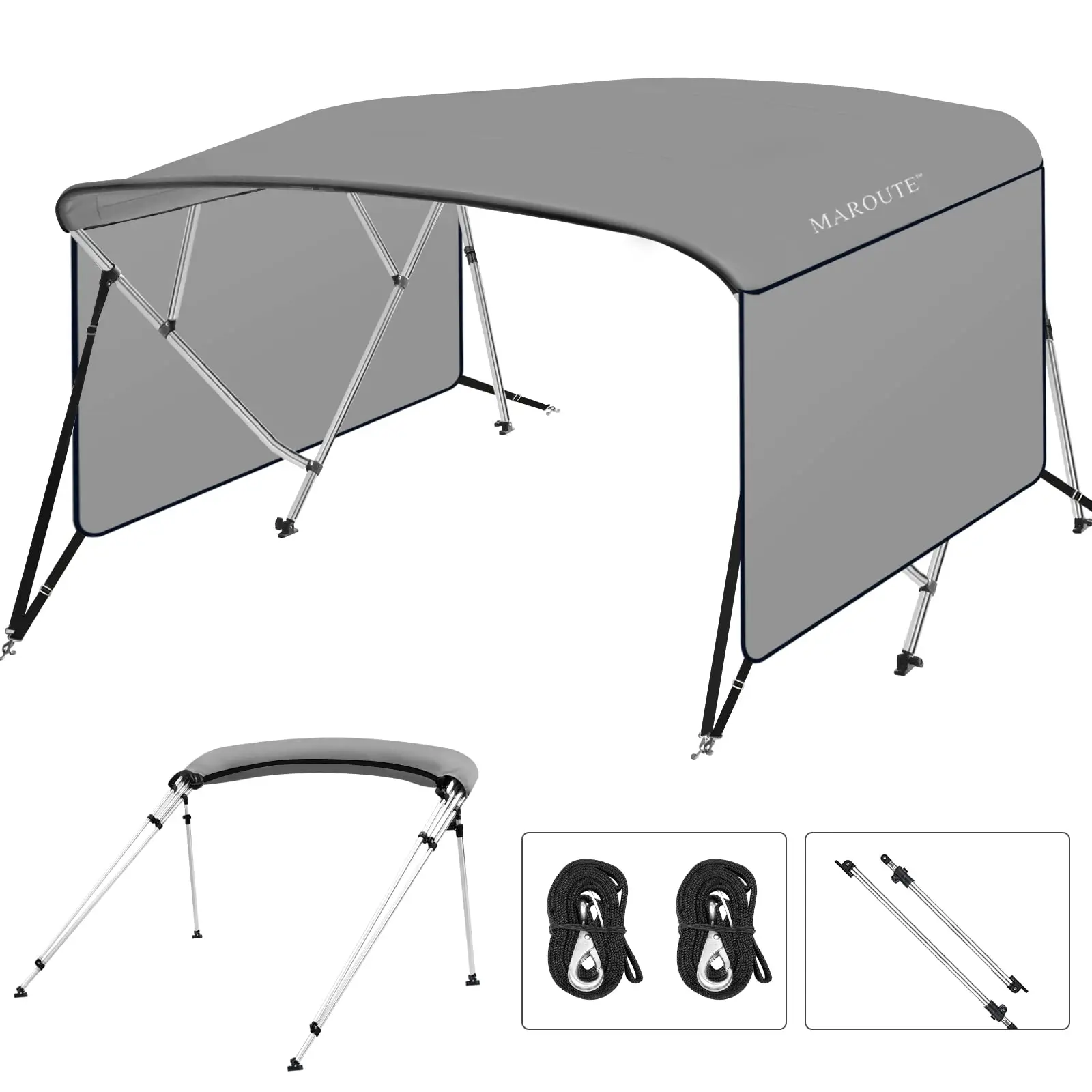 GARVEE 4 Bow Bimini Tops for Boat Cover with 1” Aluminum Alloy Frame, Include 2 Straps, 2 Adjustable Rear Support Pole, Zippered Storage Boot, PU Coating Canvas（8'L x 54" H x 91"-96" W,Gray ）