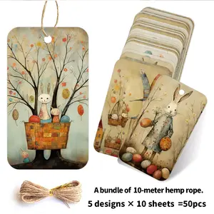 50pcs Retro Abstract Bunny Hang Tags with Hemp Rope, Easter Bunny, Eggs and Spring Floral Design Gift Labels for Birthday and Happy Easter Party Decoration, Craft Projects & Gifts Wrapping Supplies, Easter Gift Tags, Holiday Gift Decoration Tags