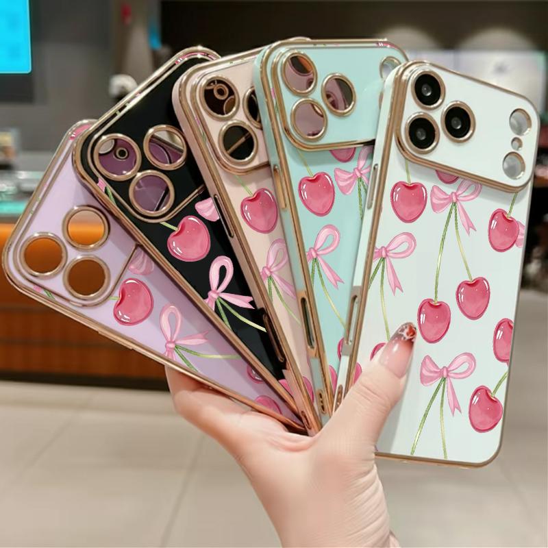 Juicy Pink Cherry Illustrations Phone Case Adding A Touch Of Fresh Romantic Charm To Your Daily Device Premium 6D Solid Color Electroplated With A Smooth Glossy Metal-Like Finish l For Iphone 17 16 15 14 13 12 11
