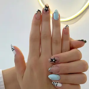 24pcs Short Waterdrop Press-On Nails, Colorblock Polka Dot Star Print with Pearl Accents, French Manicure, Includes Jelly Glue and File, Fake Nails Kit