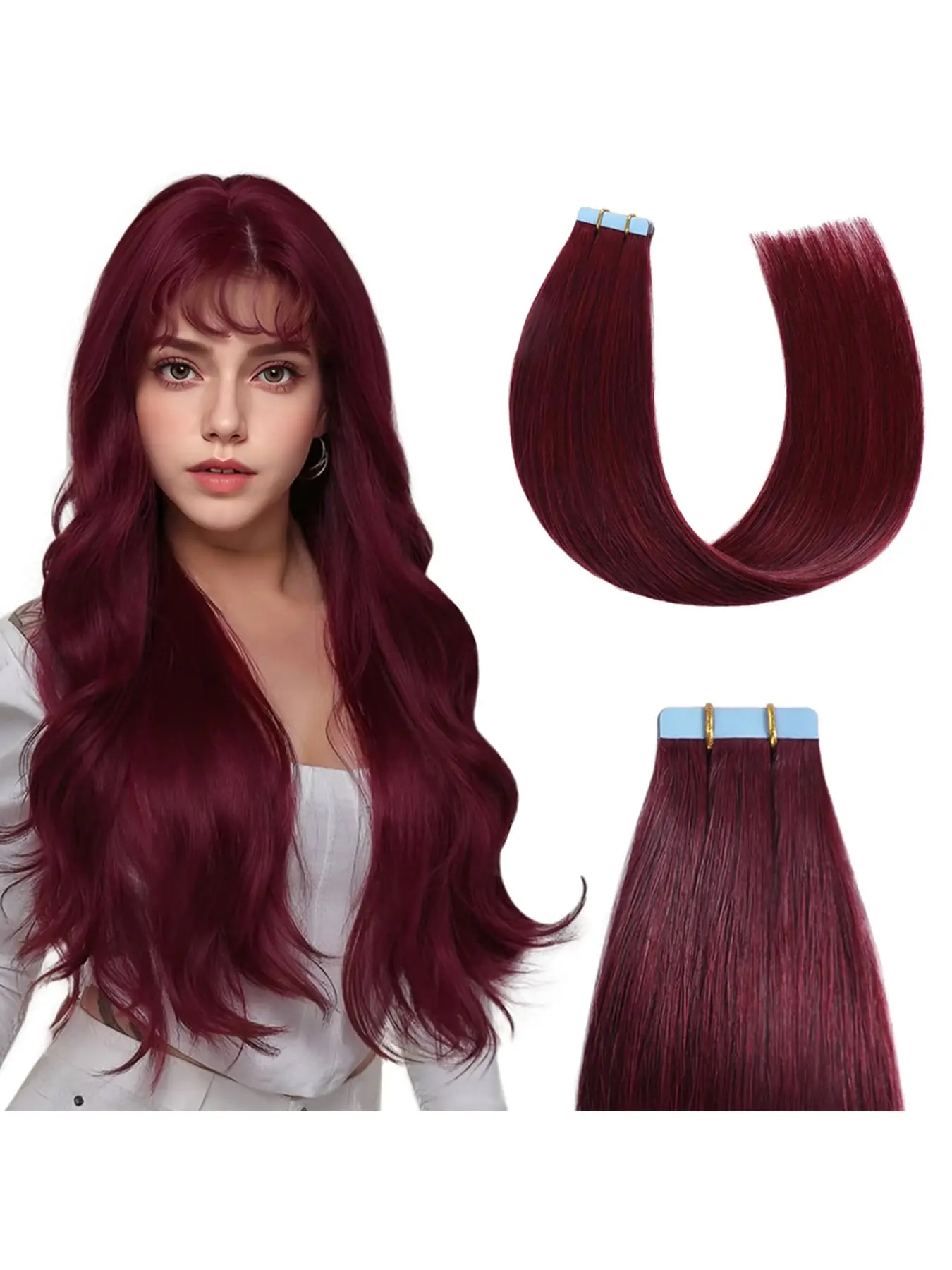 16-28 Inch Tape-In Hair Extensions, Real Human Hair Straight, Natural Human Hair, Seamless 99j, 10 Pieces/25g for Women, Invisible Tape