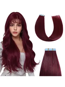 16-28 Inch Tape-In Hair Extensions, Real Human Hair Straight, Seamless 99j, 10 Pieces/25g for Women, Invisible Tape