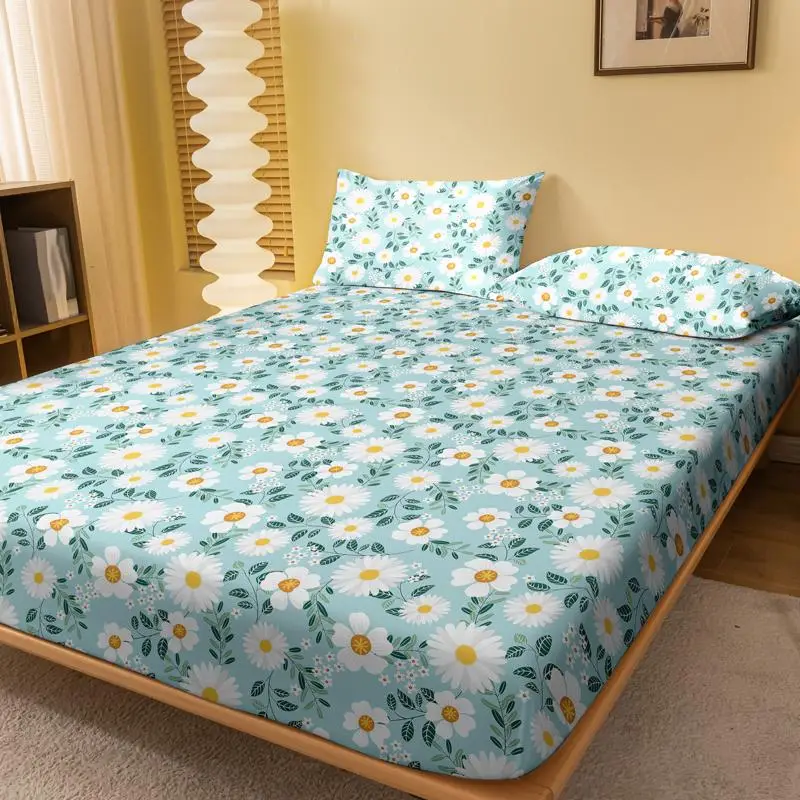 Christmas Floral Print Fitted Sheet, 1 Count Soft Comfortable Bedspread, Breathable Bedding Without Pillowcase for Bedroom