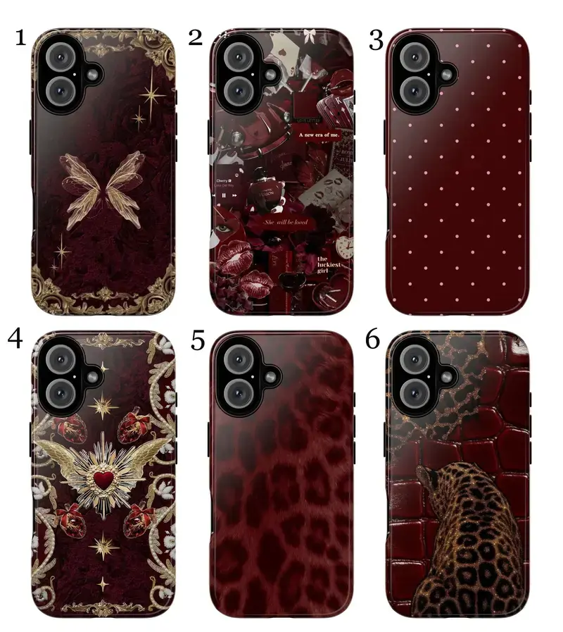 Dark Coquette Phone Case, Gothic Cherry Red iPhone 17 16 15 Pro Max Case, Burgundy Leopard Aesthetic Cover, Vintage Romantic Goth Phone Case