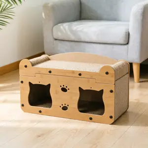 【Already have 10K favorites】Premium Walnut Finish Cat Bed & Scratcher – 2-in-1 Modern Wooden Cat Furniture with Seamless Home Integration, All-Season Comfort for Indoor Cats