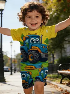 Summer Cartoon Blue Tractor Kids Short Sleeve Shorts Set, Casual Fitted Baby Clothing, Perfect Gift for Infants, 100% Polyester