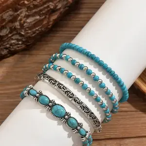 5Pcs/Set Western Cowboy Style Artificial Turquoise Elastic Beaded Bracelet Set, Unisex Vintage Fashion Hand Jewelry for Men Women Daily Casual Wear