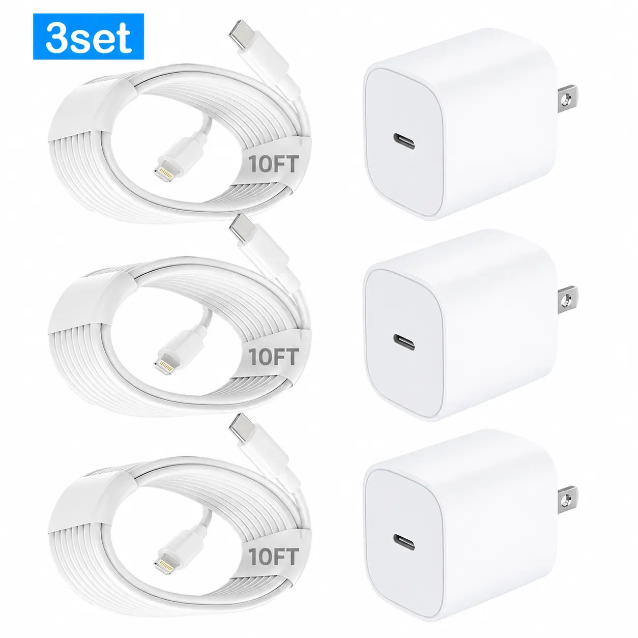 3set white-10FT(Charger+cable)