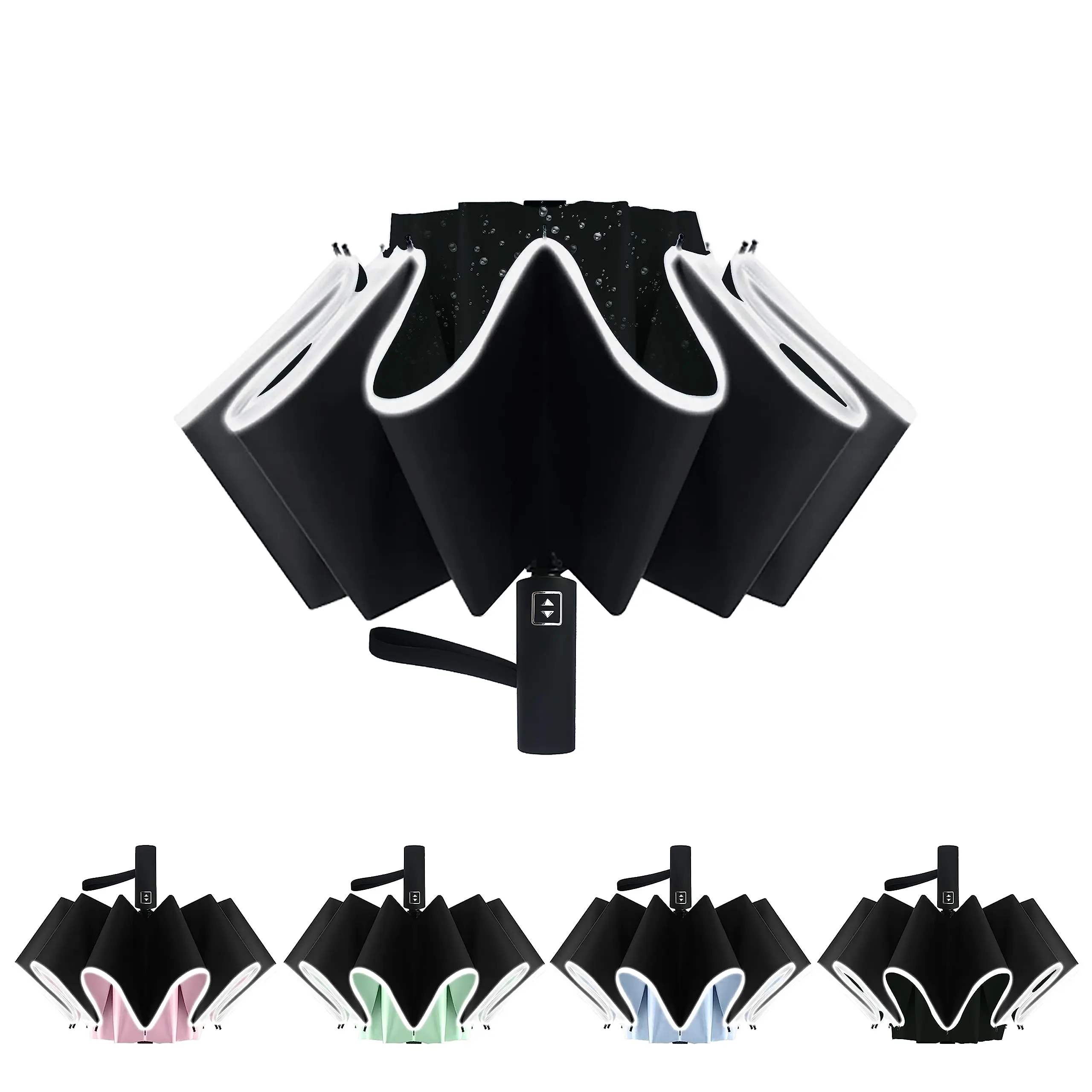 Automatic Open Large Compact Reverse Umbrella for Rain and UV Protection Inverted Folding Umbrellas with Reflective Safe Stripe Portable for Men and Women