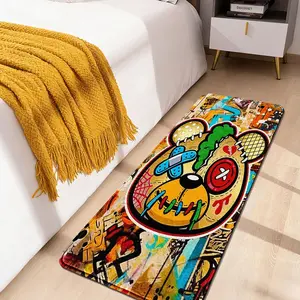 1pc Faux-Cashmere 100% Polyester Graffiti Oil Patchwork Bear BEDSIDE RUG, bedroom cozy vibe, light absorb slip-safe, cute-bear sleep-in, machine-wash gentle family gift