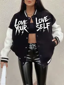 Women's Fashion Letter Print Casual Baseball Jacket, Patchwork Design with Button Details, Long Sleeve, Perfect for Fall & Spring, Knit