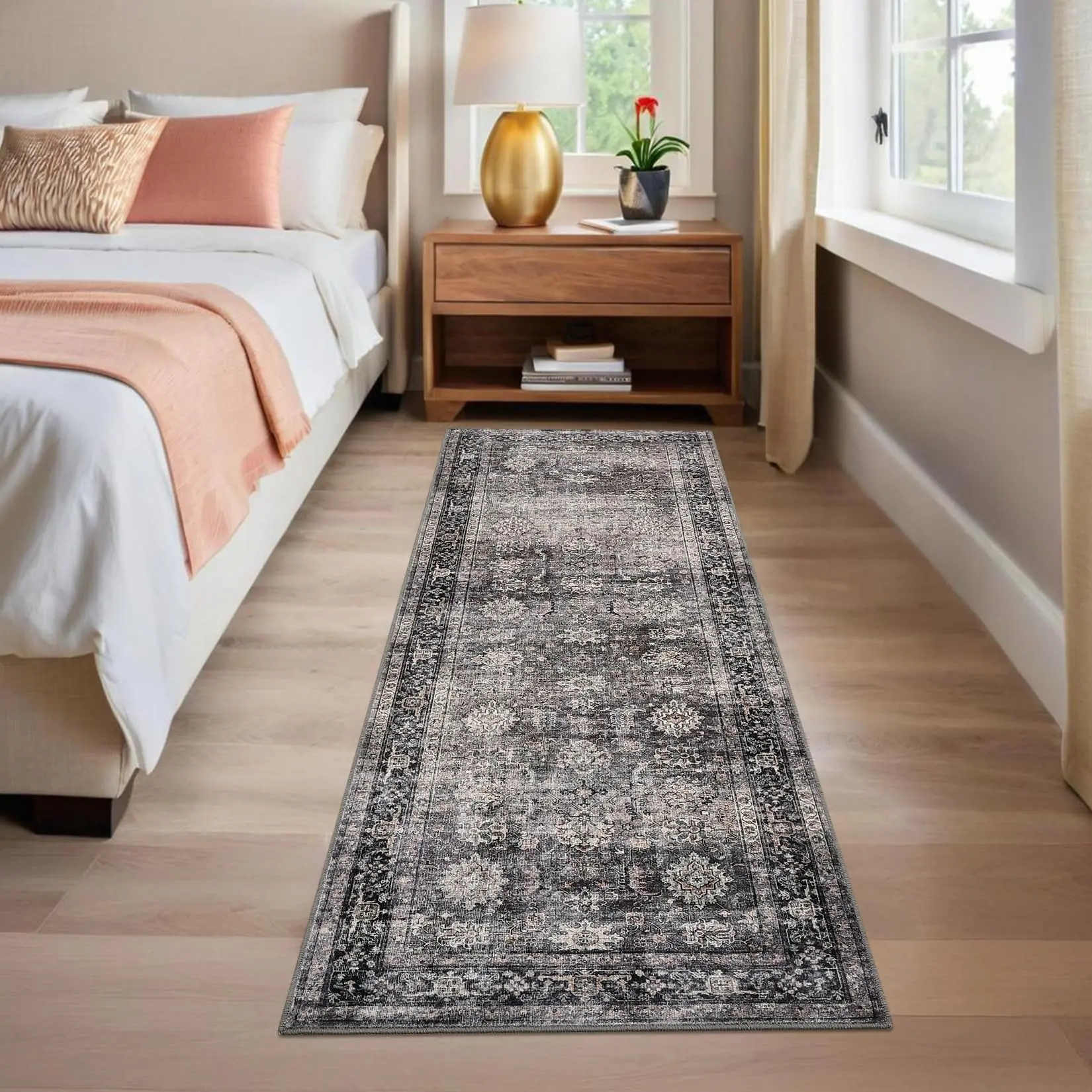 Hallway Rugs 2x6 Vintage Runner Rugs with Non-Slip Backing, Machine Washable Oriental Distressed Area Rugs, Stain-Resistant Foldable Low Pile Floor Carpet for Laundry, Kitchen, Green Camel