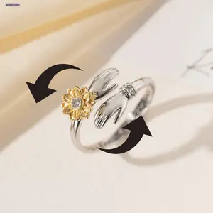 Sunflower Spinner Ring for Women Adjustable Dainty CZ Ring Hug Open Ring Aesthetic Minimalist Jewelry Anxiety Ring Gift for Her