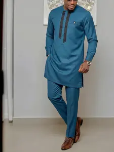 Men's Muslim Kaftan Kurta Set, Round Neck Long Sleeve Patchwork Design, Casual African Clothing, Wedding Party Business Gift, Traditional Wear For Muslim