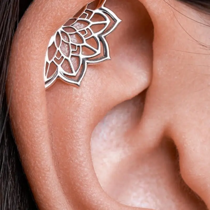 1Pc Boho Helix Earring, Geometric Mandala Lotus Flower Hidden Helix, Piercing, Cartilage Stud, Ear Studs, Earrings For Cartilage Piercing, Bohemian Silvery Spiritual Jewelry, Dailygift, Available All Season, Unique Gift