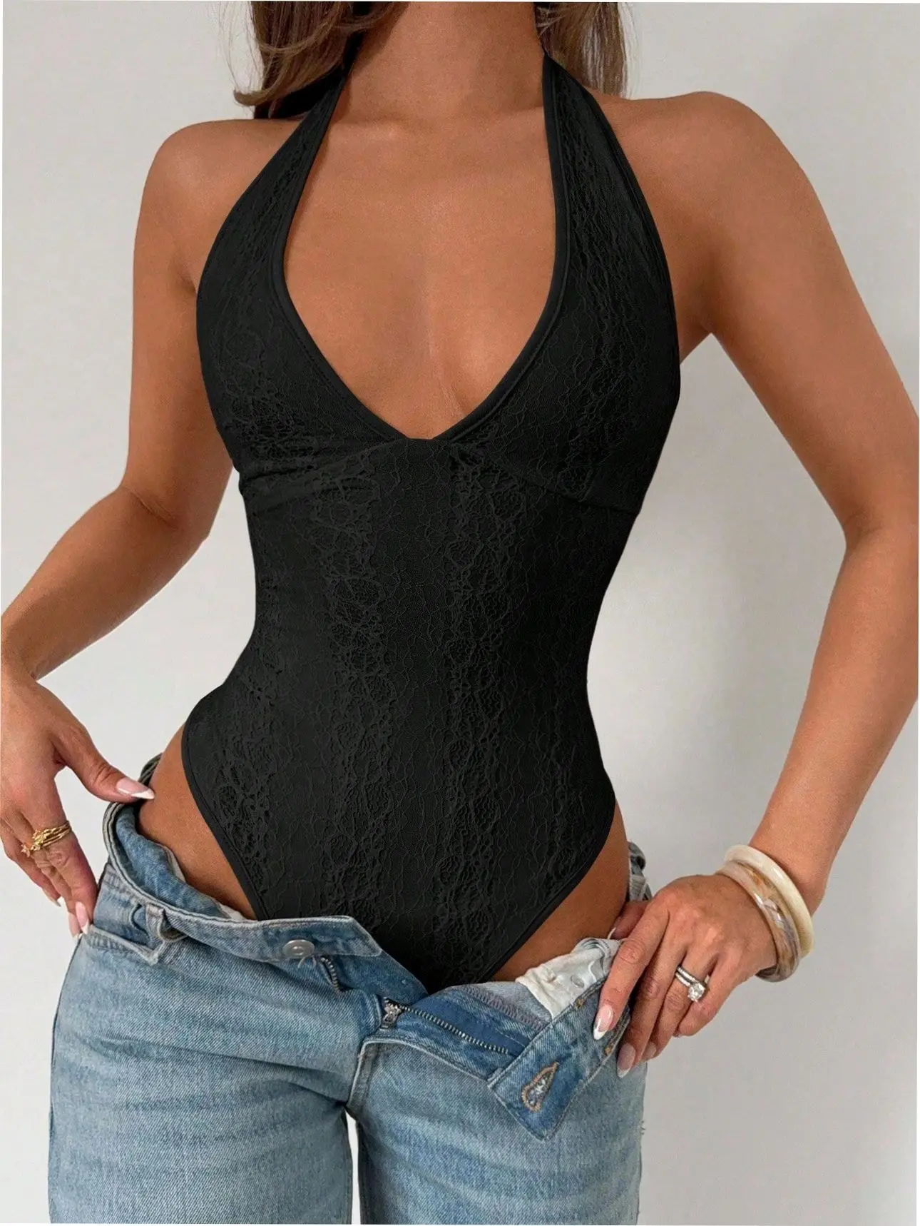 BLUELIFE Lace Bodysuit Halter V-Neck Petite Fit Going Out Date Night