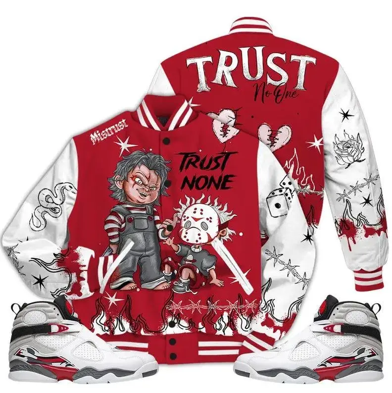 12 Melo Varsity Jacket, 2025 Retro Melo 12s Shirt, Trust None Graffiti Couples Matching Outfits, Unisex Baseball Jacket, Varsity Sport Coat, Casual Street Fashion