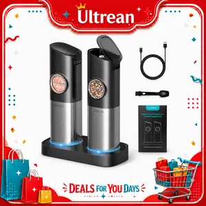 Ultrean Electric Salt & Pepper Grinder Sets, 2pcs Rechargeable, Adjustable, Modern Stainless Steel Construction, Seasoning Auto Dust Lids, LED one-hand operation Kitchen Utensils