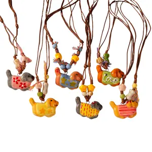 Handmade Ceramic Dog Necklace - Cute Puppy Pendant with Colorful Beads and Unique Designs for Pet Lovers