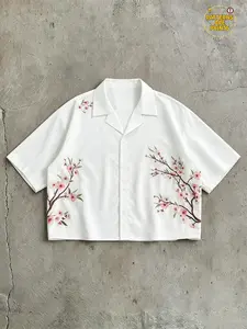 Unisex Cherry Blossom Print Button-Up Shirt, White Short Sleeve Cuban Collar Blouse, Casual Summer Floral Cropped T-Shirt, Aesthetic Japanese Hawaiian Style Shirt for Men & Women, Perfect for Daily, Beach & Outing Wear