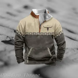 Aztec Western Denim Bull Head Print Puller, 1/4 Zipper Stand-Up Collar, Long-Sleeved National Sweatshirt With Front Pocket Menswear Stylish Hoodie Jacket