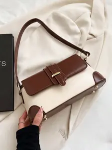 Fashionable Lady Shoulder Bag with Colorblock PU Handbag, Commuting, Dating, Casual Crossbody Bag - White and Brown Color Block Tote Bag with Brown Strap Accent, Metal Buckle, and Riveted Corners, Stylish and Versatile for Daily Use