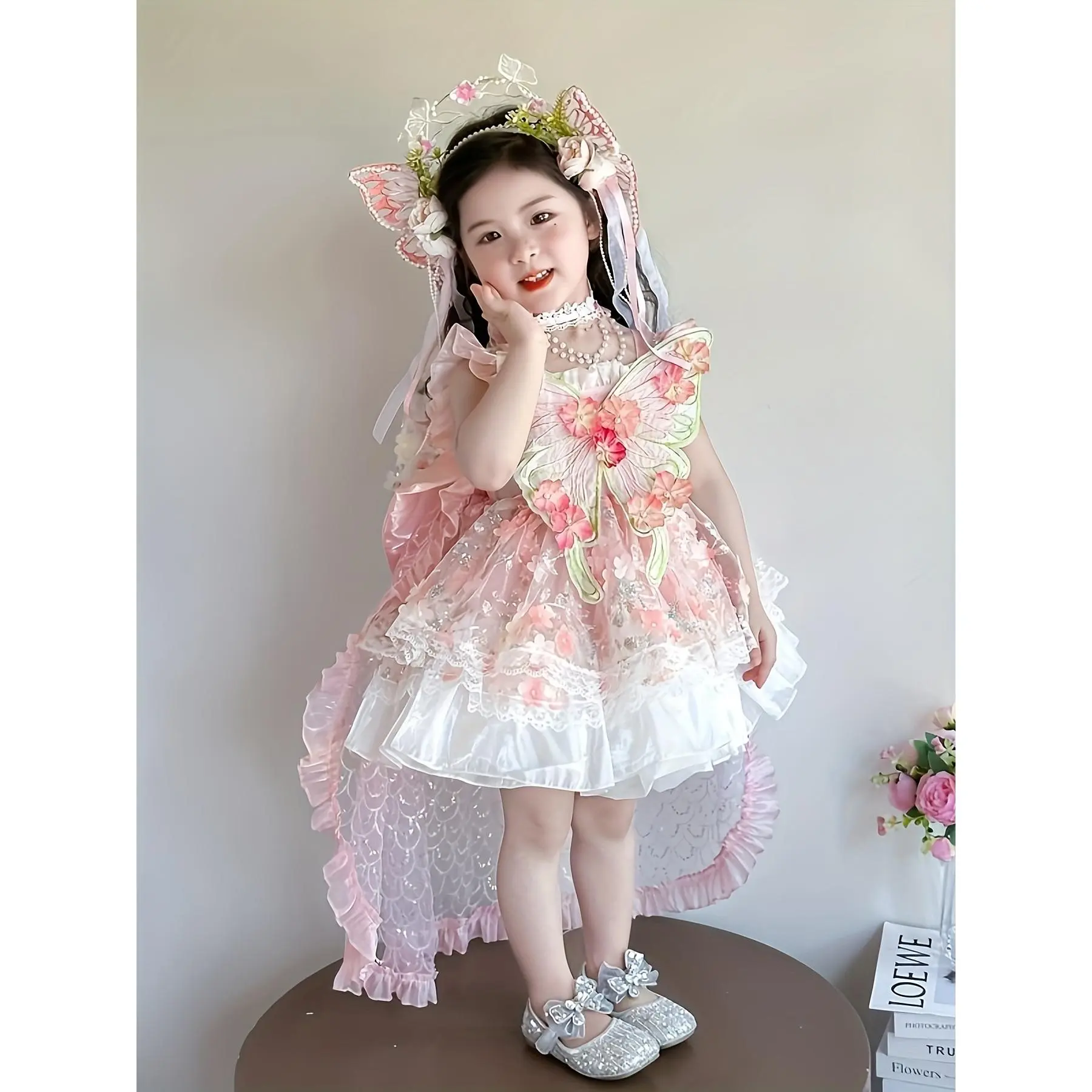 Girls' Sweet Princess Formal Dress, Floral Butterfly Print Polyester Gown with Tiered Ruffles, Knee-Length A-Line for Birthday Parties, Bell Sleeve