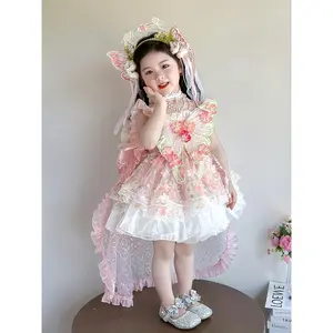 Maisie Gloria Girl's Sweet Princess Summer Dress |   Pink Floral Butterfly Print Tiered Ruffle Short-Sleeved A-Line Dress for Birthday Parties (Ages 12 & Under)