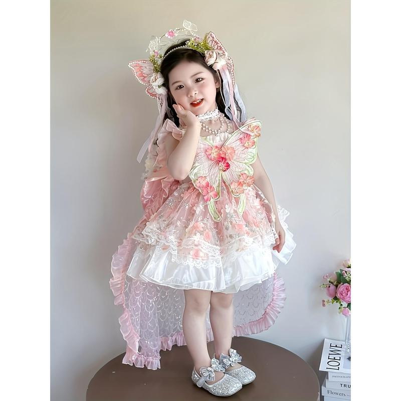 Maisie Gloria Girls' Princess Casual Dress - Kids' Clothing, Crew Neck, Short Sleeves, Polyester, Pink Floral Butterfly Print, Bell Sleeve, Tiered Ruffle, A-Line Knee-Length Summer Dress for Birthday Parties (Ages 12 & Under, Sweet Look)