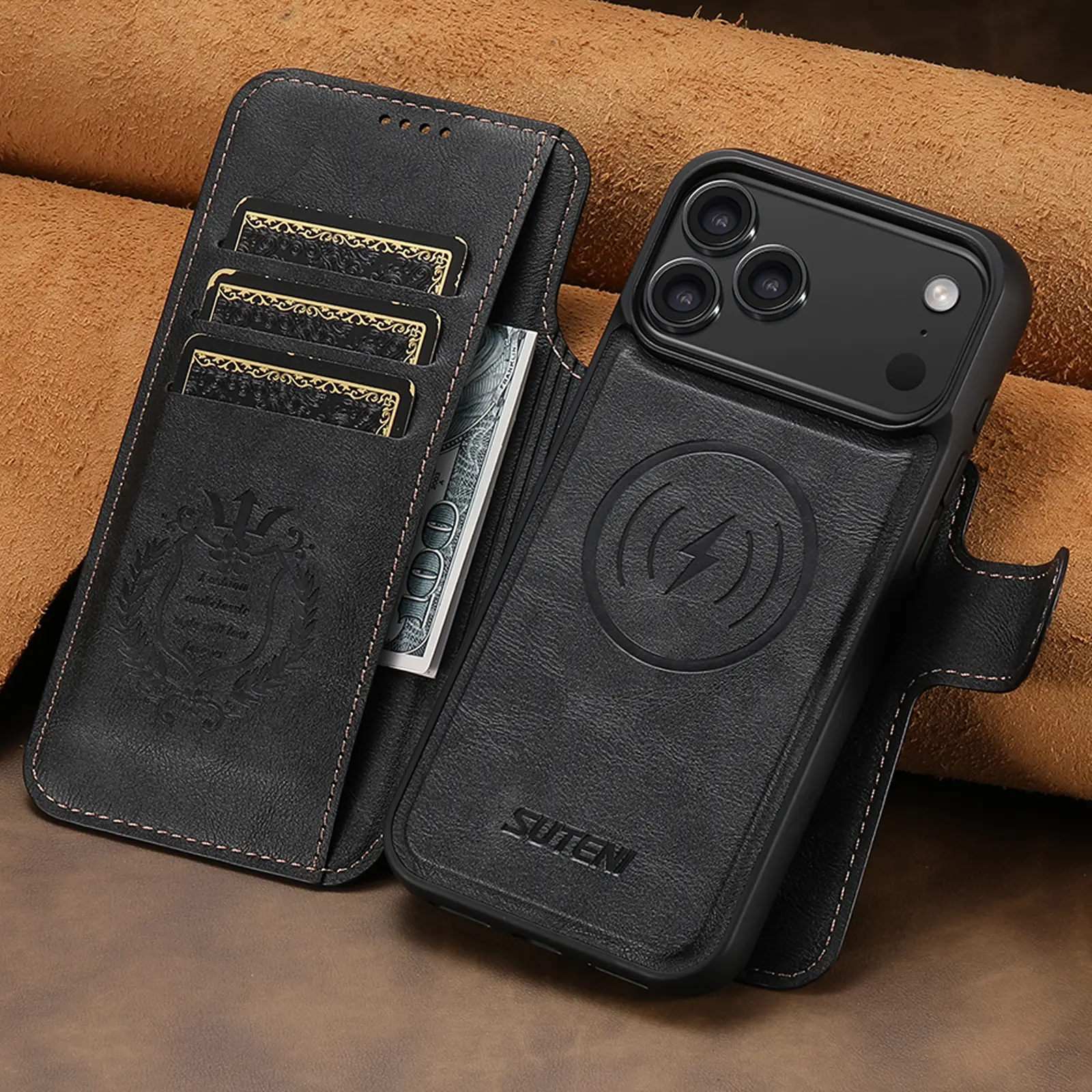 Leather Magnetic MagSafe Wallet Casing for iPhone 15-17 Series Cellphones, 2-in-1 Detachable Flip Cover Accessory with Card Slots, Kickstand, Military-Grade Shockproof Protection, Spliced Black Vehicle Accessory, Accessories