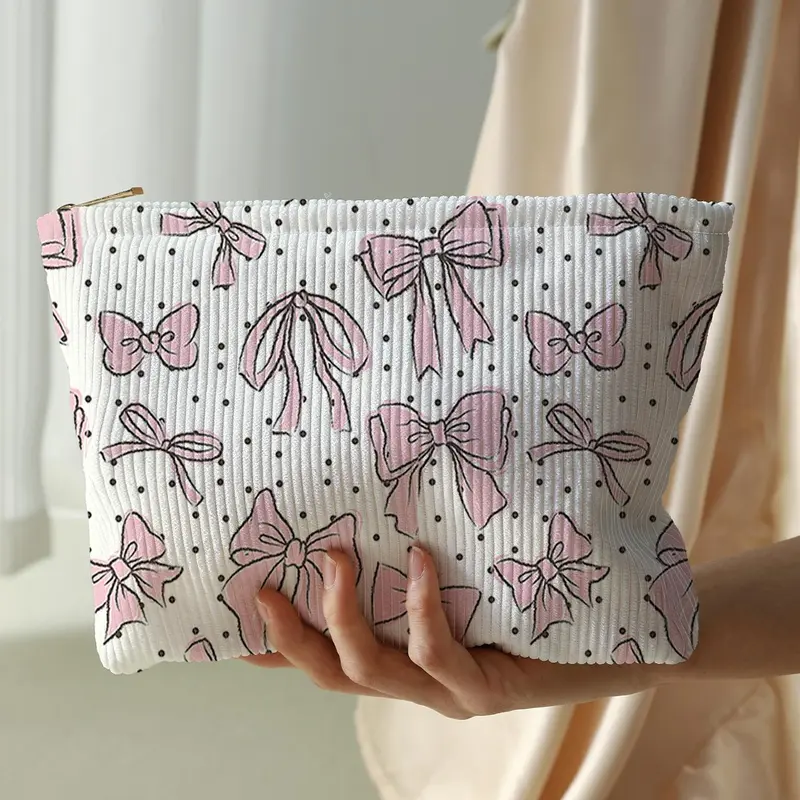 Cute Bowknot & Polka Dot Pattern Makeup Bag, Lightweight Multifunctional Cosmetic Storage Bag, Casual Versatile Zipper Corduroy Makeup Bag for Travel & Daily Use, Travel Cosmetic Bags, Handheld Cosmetic Pouch, Cosmetics Bag