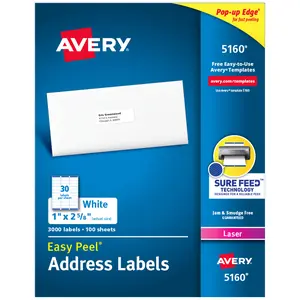 Avery Printable Address Labels with Sure Feed Technology, 1" x 2-5/8", Matte White, Laser Printer Compatible, 3,000 Blank Labels Total (5136)
