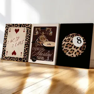 3-Piece Wood Frame Canvas Art, Leopard Print Poker 8 Ball Retro Triptych Poster, Modern Living Room Decor, Waterproof Wall Art, Modern Home Decor