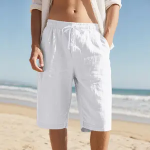 New Linen Drawstring Elastic Waist 34 Casual Shorts Men