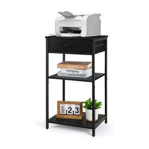 Home Office Printer Stand with Storage Drawer - 3 Tier Small Printer Desk Shelf, Multi-Functional Design for Printer, Fax Machine, Scanner - Wood Board and Metal Frame (Black)