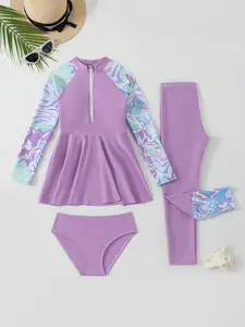 Girls' Sporty Long Sleeve Swimsuit Set, Three-Piece Beachwear Swimwear, Slim-Fitting Design for All Seasons, Perfect for Sports & Swimming, Swimwear Sets