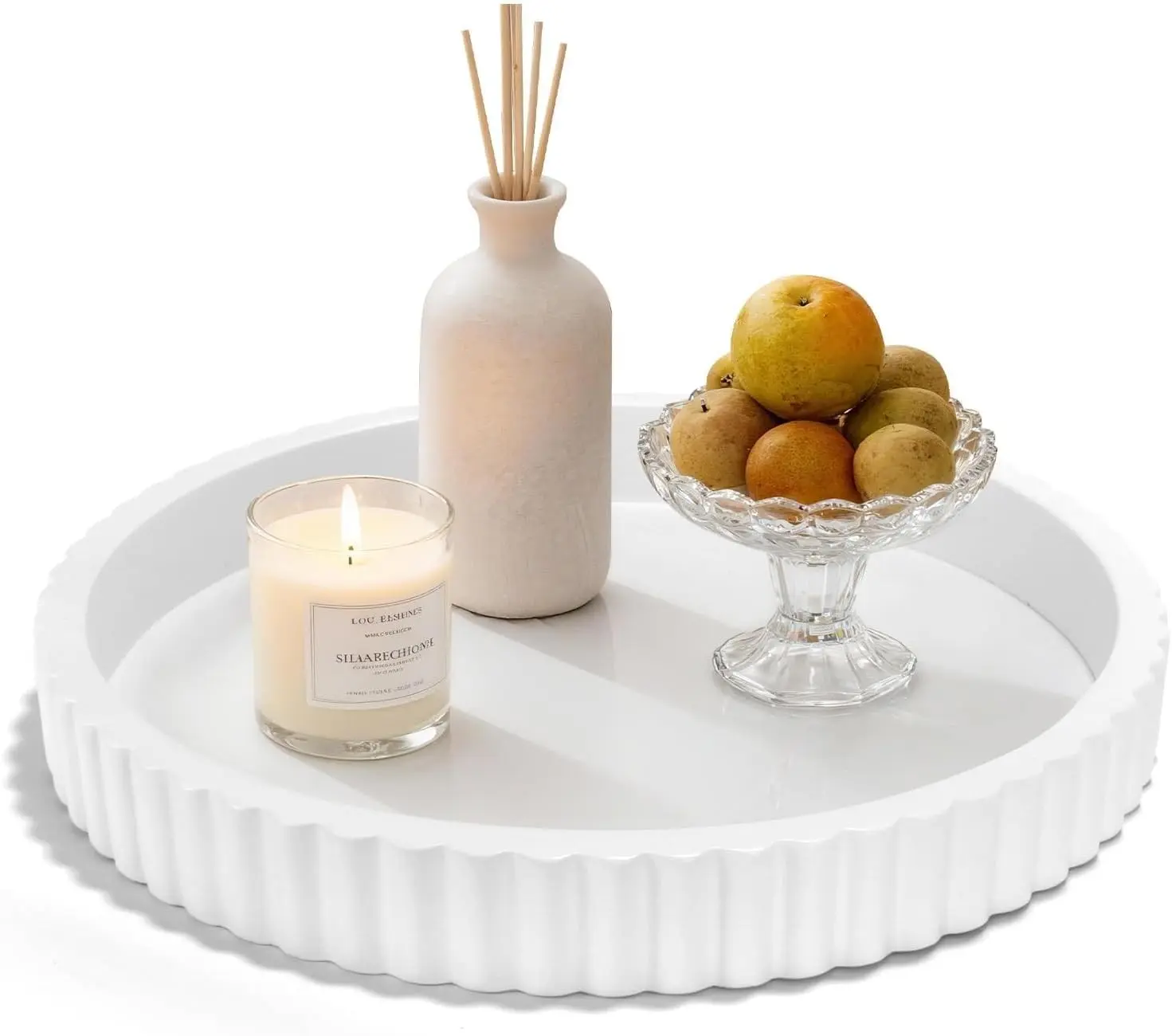 Decorative Tray for Coffee Table, 12'' Resin Modern Decorative Tray | Elegant Table Centerpiece White Round Fluted Serving Vanity Tray for Home Bathroom Kitchen Living Room Decor