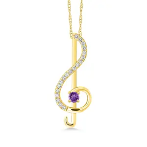Music Treble Clef Pendant Necklace for Women | 10K Yellow Gold | 3MM Round Purple Amethyst and White Lab Grown Diamond | By Keren Hanan | 0.25 Cttw | With 18 Inch Gold Chain