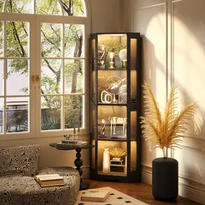 BROTTAR 65" Corner Glass Display Cabinet with LED Lights, 4-Tier Showcase Display Case with Glass Doors & Human Body Sensor for Collectibles, Liquor, Black/White