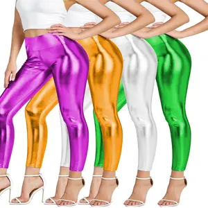 Women’s High-Waisted Tummy Control Faux Leather Leggings – Metallic Foil Shiny Cropped Stretch Pants for Everyday Wear & Party Looks, Make You Stand Out and Shine