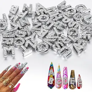 52 Pcs Large Letter Nail, 8mm Silver Rhinestone Alphabet Slide Letter Charm for Nails 3D Initial Bling Goth Nail Accessories for Nail Art Decoration