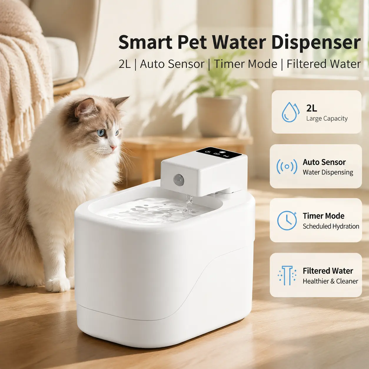 Automatic Cat Water Fountain – 2000mL Circulating Fresh Water Dispenser with Motion Sensor. 2L Pet Fountain Automatic Cat Water Fountain Dog Water Dispenser