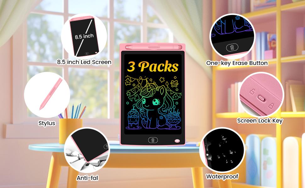 3-Pack 8.5in Plastic Colorful LCD Writing Tablets with Stylus Holder, Silent Durable Pressure-Sensitive Reusable Erasable STEAM Educational Art Toys for Unisex Kids, Mess-Free Magic Travel Gifts, Writing Practice Devices, Writing Practice Tablet