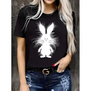 Casual T-Shirt Featuring a Cartoon Bunny Print for Plus-Size Women, Perfect for Easter And Outdoor Activities in Spring And Summer