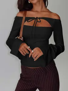 Women's Knitted Versatile Slim Fit Solid Color One Shoulder Flare Long Sleeve T-Shirt, Fashion Sexy Cut-Out Tie Design Top, Flared Style