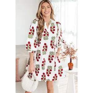 Floral V-Neck 3/4 Puff Sleeve Mini Dress