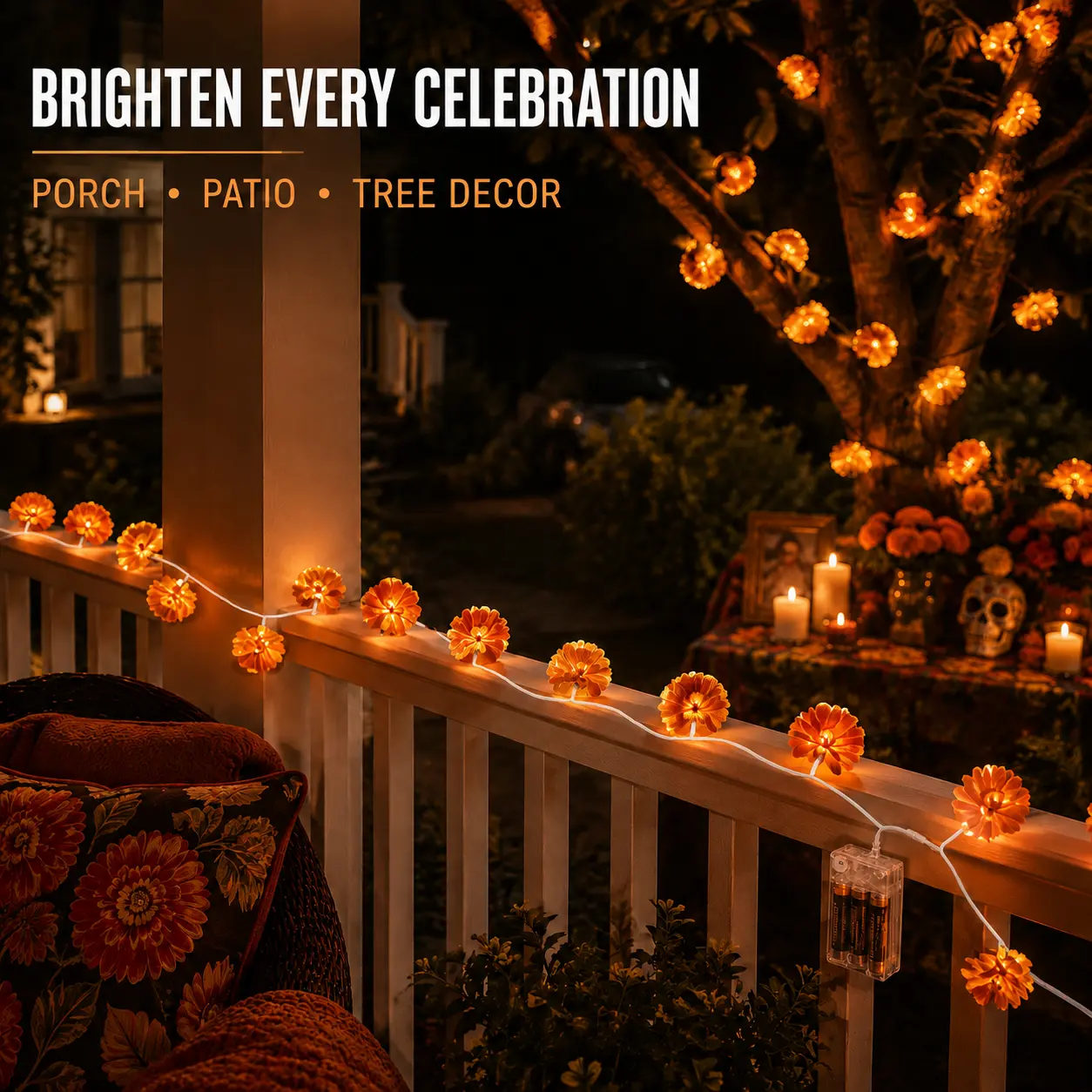 Orange Marigold LED String Lights, Dahlia Flower Garland with 2 Lighting Modes, Día de los Muertos Decorations for Halloween Altar, Porch, Patio & Party